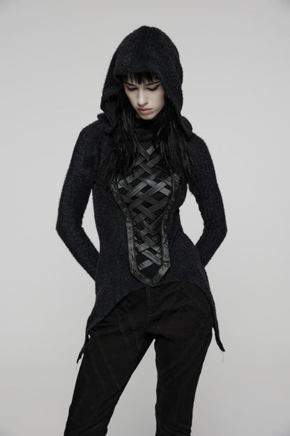 Schwarzes Gothic-Langarmshirt mit Kapuze und Webdetails Dark Weaver Hooded Top von Punk Rave