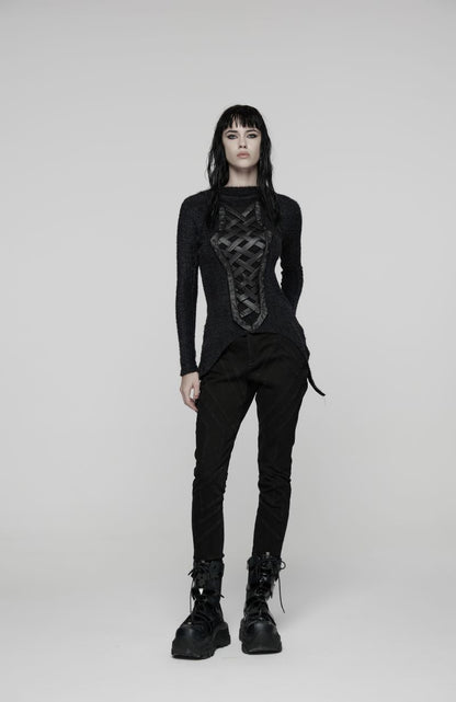 Schwarzes Gothic-Langarmshirt mit Kapuze und Webdetails Dark Weaver Hooded Top von Punk Rave