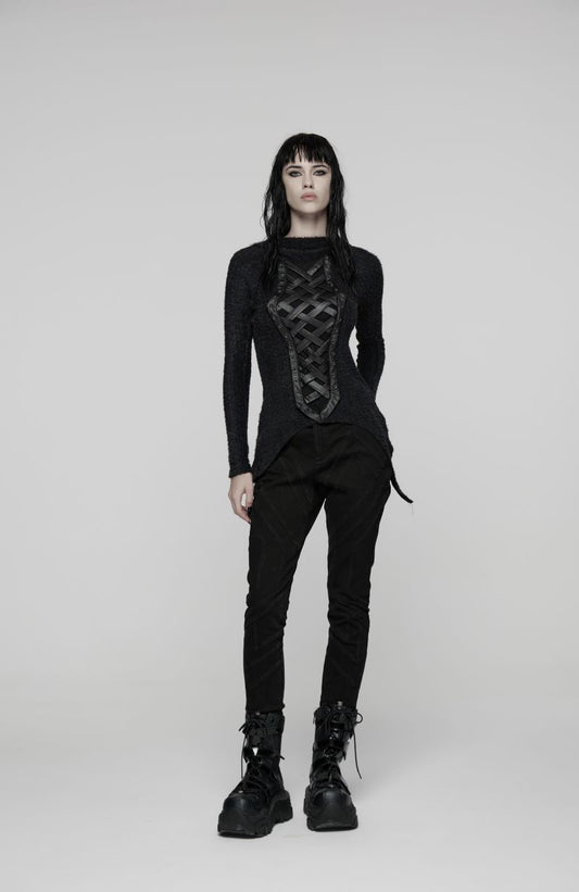 Schwarzes Gothic-Langarmshirt mit Kapuze und Webdetails Dark Weaver Hooded Top von Punk Rave