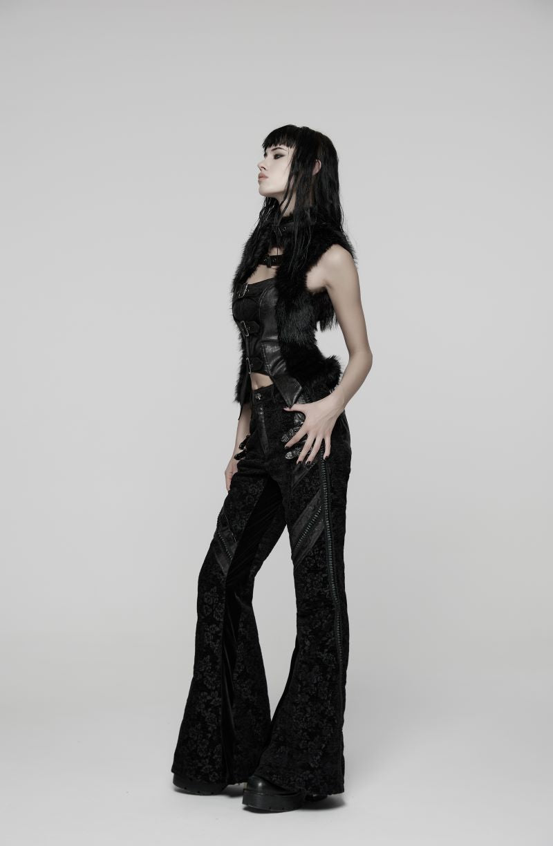 Romantische Gothic-Hose Rose Requiem Trousers aus schwarzem Samtjacquard mit Rosenmuster und Kunstlederdetails von Punk Rave