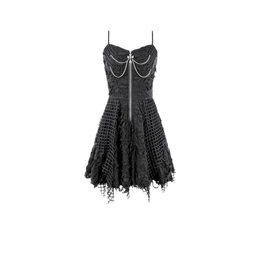 Schwarzes, kurzes Kleid Wasteland Fission Dress im Distressed-Look mit Zierketten und Kreuzanhänger von Dark In Love