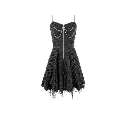 Schwarzes, kurzes Kleid Wasteland Fission Dress im Distressed-Look mit Zierketten und Kreuzanhänger von Dark In Love