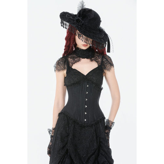 Schwarzer, kleiner Hut Vintage Lace Feather Mini Hat mit Spitzen-, Perlen und Blumendetails von Dark In Love
