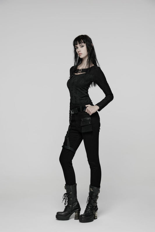 Schwarzes, strukturiertes Langarmshirt Hexweave Top mit Cut-out-Ausschnitt und Used-Look-Ärmeln von Punk Rave
