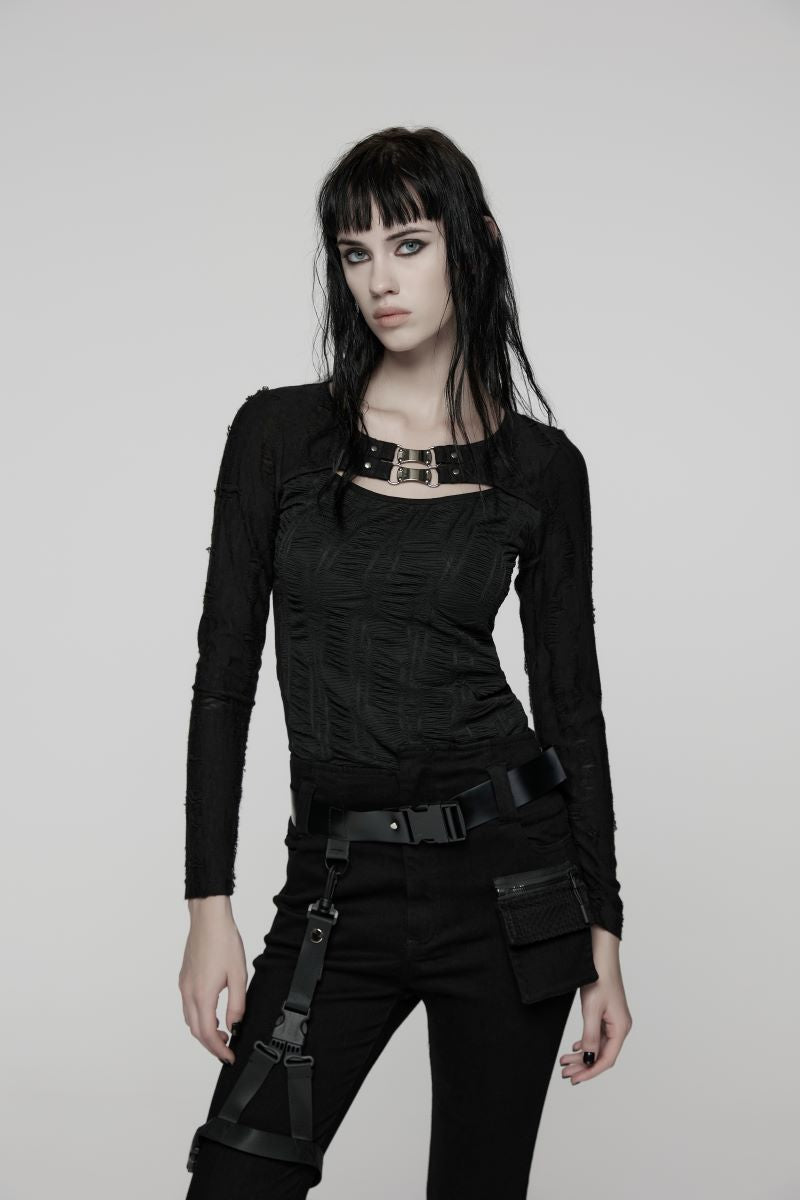 Schwarzes, strukturiertes Langarmshirt Hexweave Top mit Cut-out-Ausschnitt und Used-Look-Ärmeln von Punk Rave
