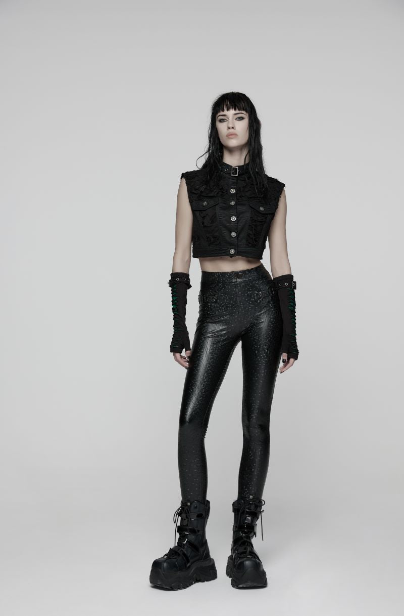 Leggings im Gothic-Cyberpunk-Lederlook Alien Skin Leggings mit Wabenmuster und Riemendetails von Punk Rave