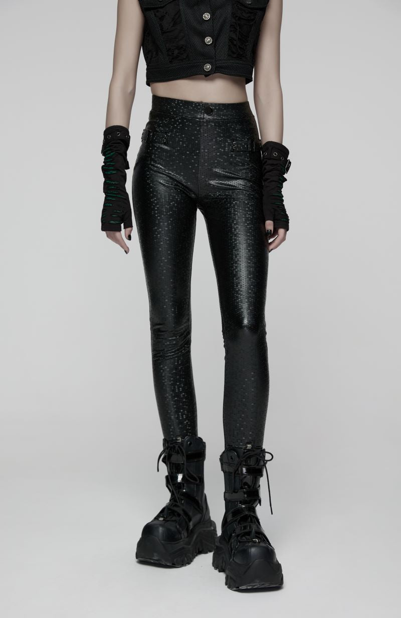 Leggings im Gothic-Cyberpunk-Lederlook Alien Skin Leggings mit Wabenmuster und Riemendetails von Punk Rave