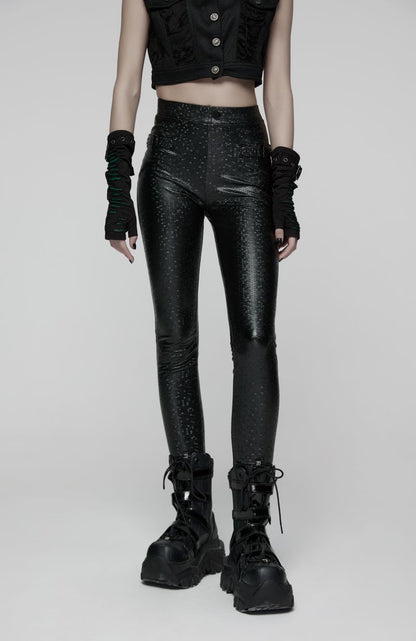 Leggings im Gothic-Cyberpunk-Lederlook Alien Skin Leggings mit Wabenmuster und Riemendetails von Punk Rave