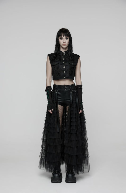 Schwarze kurze Shorts Evernight Faux Leather Shorts mit abnehmbaren Überrock von Punk Rave