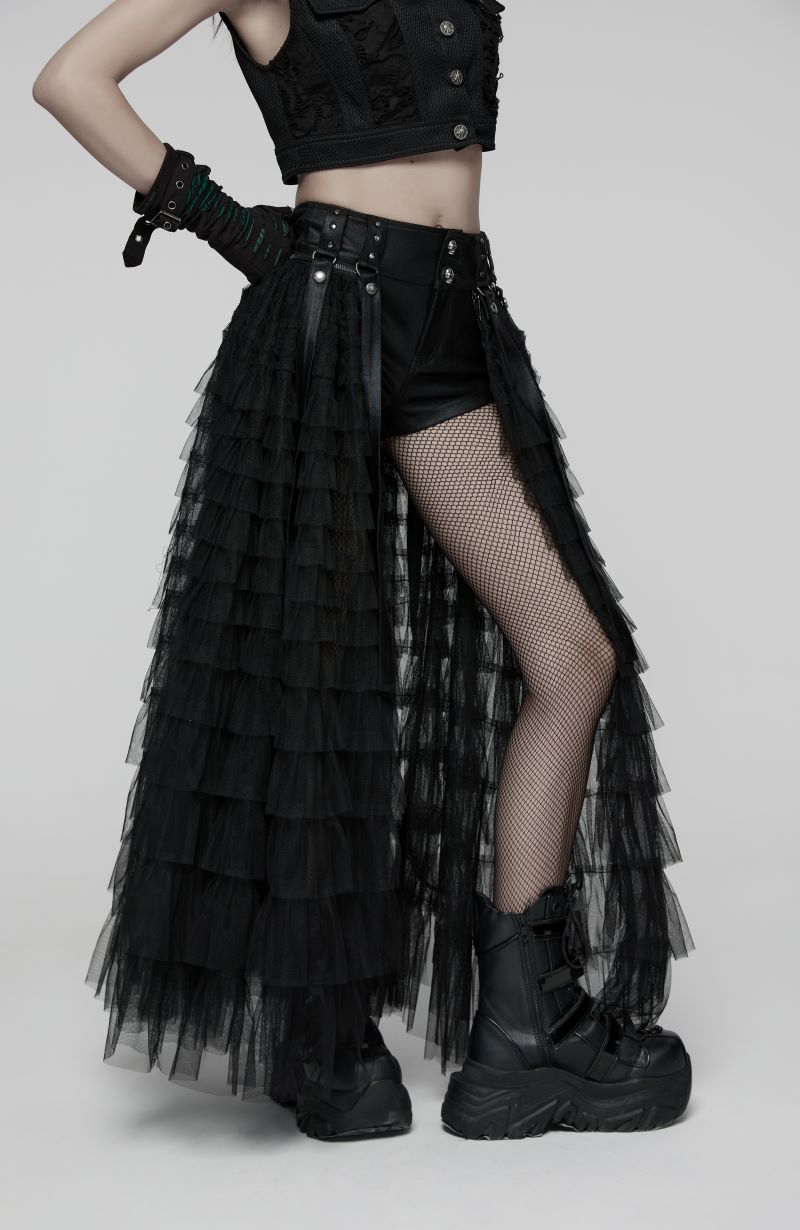 Schwarze kurze Shorts Evernight Faux Leather Shorts mit abnehmbaren Überrock von Punk Rave