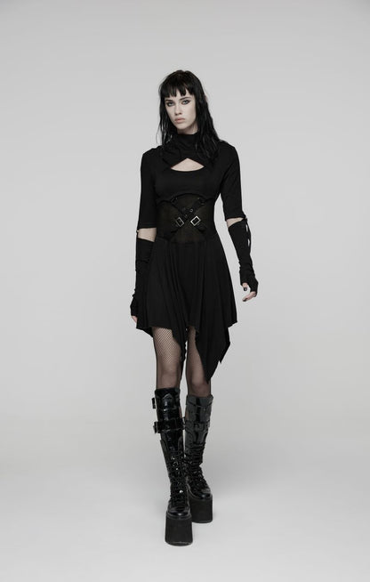 Schwarzes Langarmkleid Dark Warden Dress mit Kapuze von Punk Rave