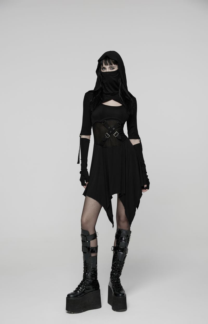 Schwarzes Langarmkleid Dark Warden Dress mit Kapuze von Punk Rave