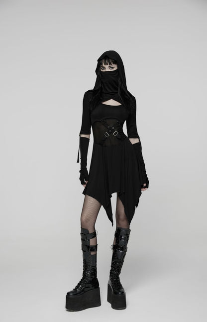 Schwarzes Langarmkleid Dark Warden Dress mit Kapuze von Punk Rave