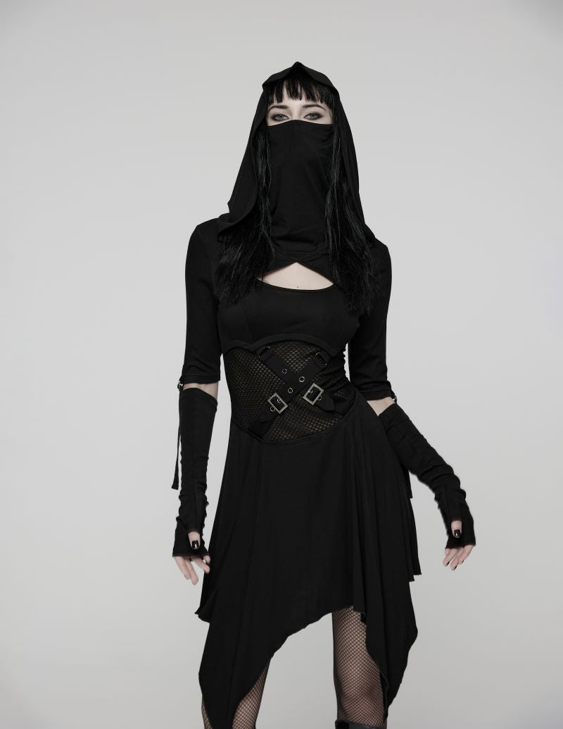 Schwarzes Langarmkleid Dark Warden Dress mit Kapuze von Punk Rave
