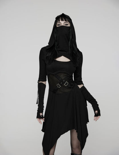 Schwarzes Langarmkleid Dark Warden Dress mit Kapuze von Punk Rave