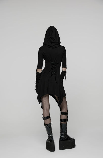 Schwarzes Langarmkleid Dark Warden Dress mit Kapuze von Punk Rave