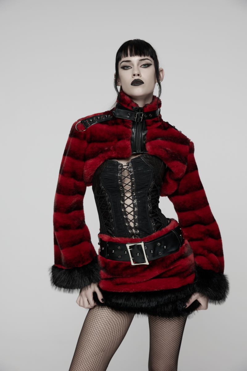 Schwarz/Rote Bolerojacke Hex Fur Blood Red Crop Jacket mit Kunstleder von Punk Rave