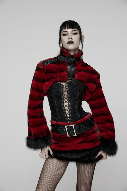 Schwarz/Rote Bolerojacke Hex Fur Blood Red Crop Jacket mit Kunstleder von Punk Rave