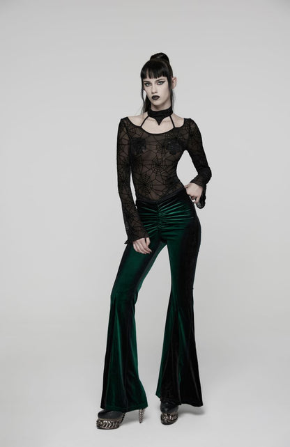 Schwarzes Gothic-Top Web Of The Night Top aus Netzstoff mit Spinnennetzmuster, langen, ausgestellten Ärmeln und Choker-Ausschnitt von Punk Rave