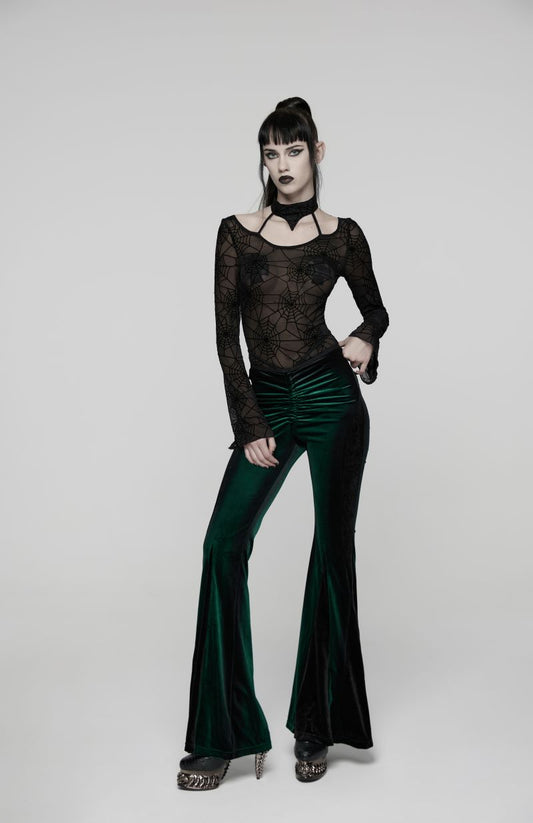 Schwarzes Gothic-Top Web Of The Night Top aus Netzstoff mit Spinnennetzmuster, langen, ausgestellten Ärmeln und Choker-Ausschnitt von Punk Rave