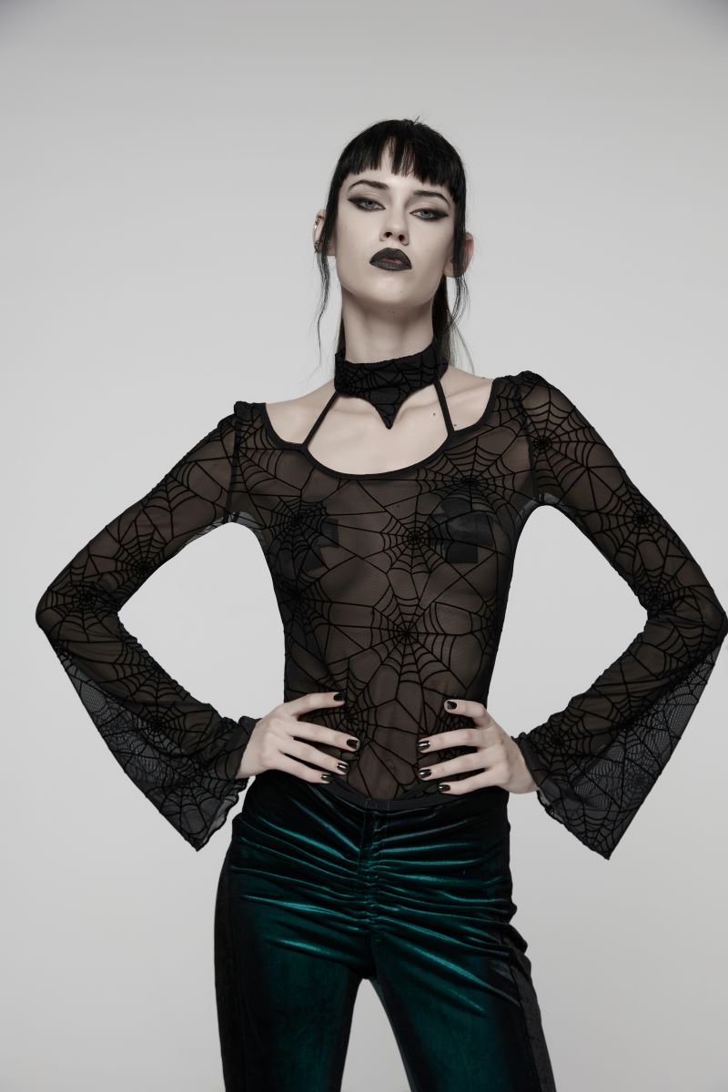 Schwarzes Gothic-Top Web Of The Night Top aus Netzstoff mit Spinnennetzmuster, langen, ausgestellten Ärmeln und Choker-Ausschnitt von Punk Rave
