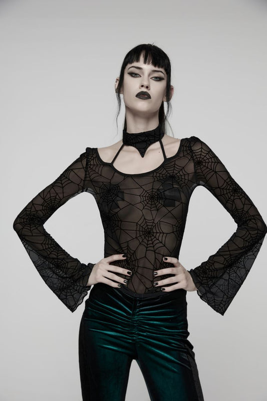 Schwarzes Gothic-Top Web Of The Night Top aus Netzstoff mit Spinnennetzmuster, langen, ausgestellten Ärmeln und Choker-Ausschnitt von Punk Rave