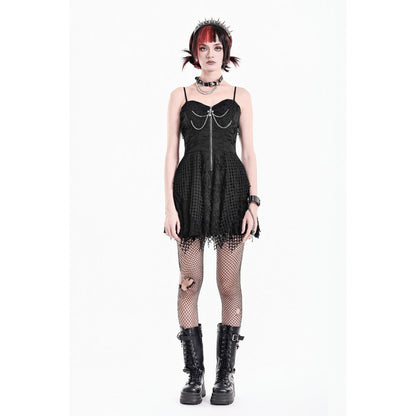 Schwarzes, kurzes Kleid Wasteland Fission Dress im Distressed-Look mit Zierketten und Kreuzanhänger von Dark In Love