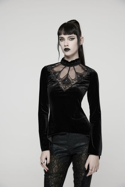 Schwarzes Langarmshirt Queen Of Heart Top mit Samtstoff von Punk Rave