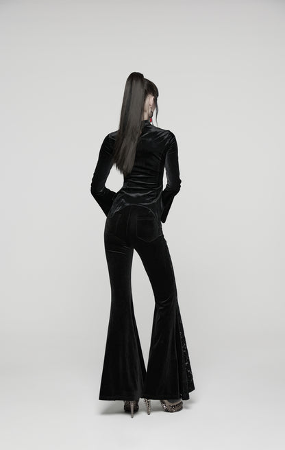 Schwarzer Samt-Schlaghose NOCTIS REGINA TROUSERS mit Spitzeneinsätzen von Punk Rave
