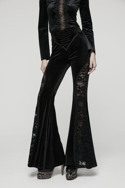 Schwarzer Samt-Schlaghose NOCTIS REGINA TROUSERS mit Spitzeneinsätzen von Punk Rave