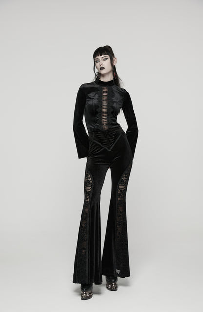 Schwarzer Samt-Schlaghose NOCTIS REGINA TROUSERS mit Spitzeneinsätzen von Punk Rave
