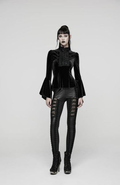 Romantisches Gothic-T-Shirt aus schwarzem Samt Velvet Poetess Top Black mit ausgestellten Ärmeln, hohem Halsausschnitt, Rüschen und verlängertem Saum hinten von Punk Rave