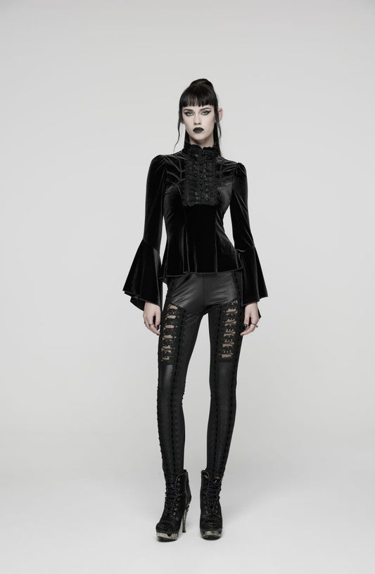 Romantisches Gothic-T-Shirt aus schwarzem Samt Velvet Poetess Top Black mit ausgestellten Ärmeln, hohem Halsausschnitt, Rüschen und verlängertem Saum hinten von Punk Rave