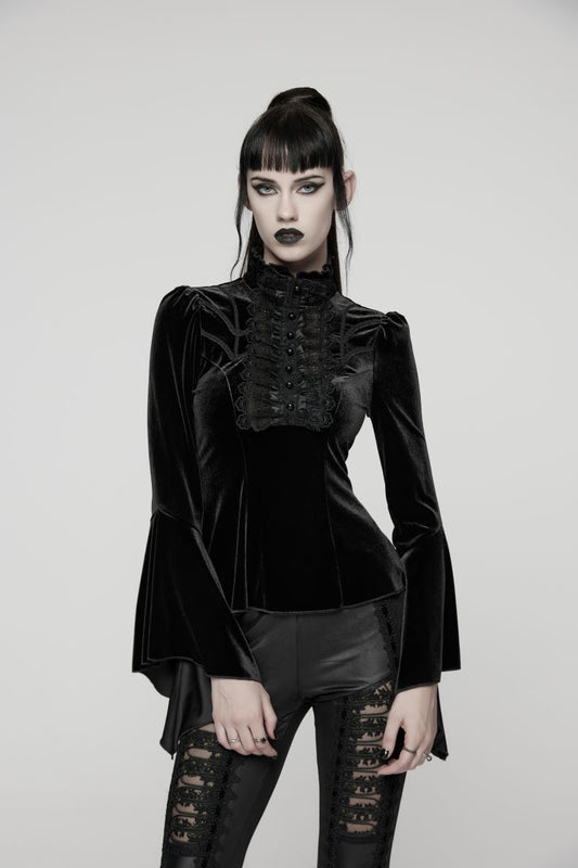 Romantisches Gothic-T-Shirt aus schwarzem Samt Velvet Poetess Top Black mit ausgestellten Ärmeln, hohem Halsausschnitt, Rüschen und verlängertem Saum hinten von Punk Rave