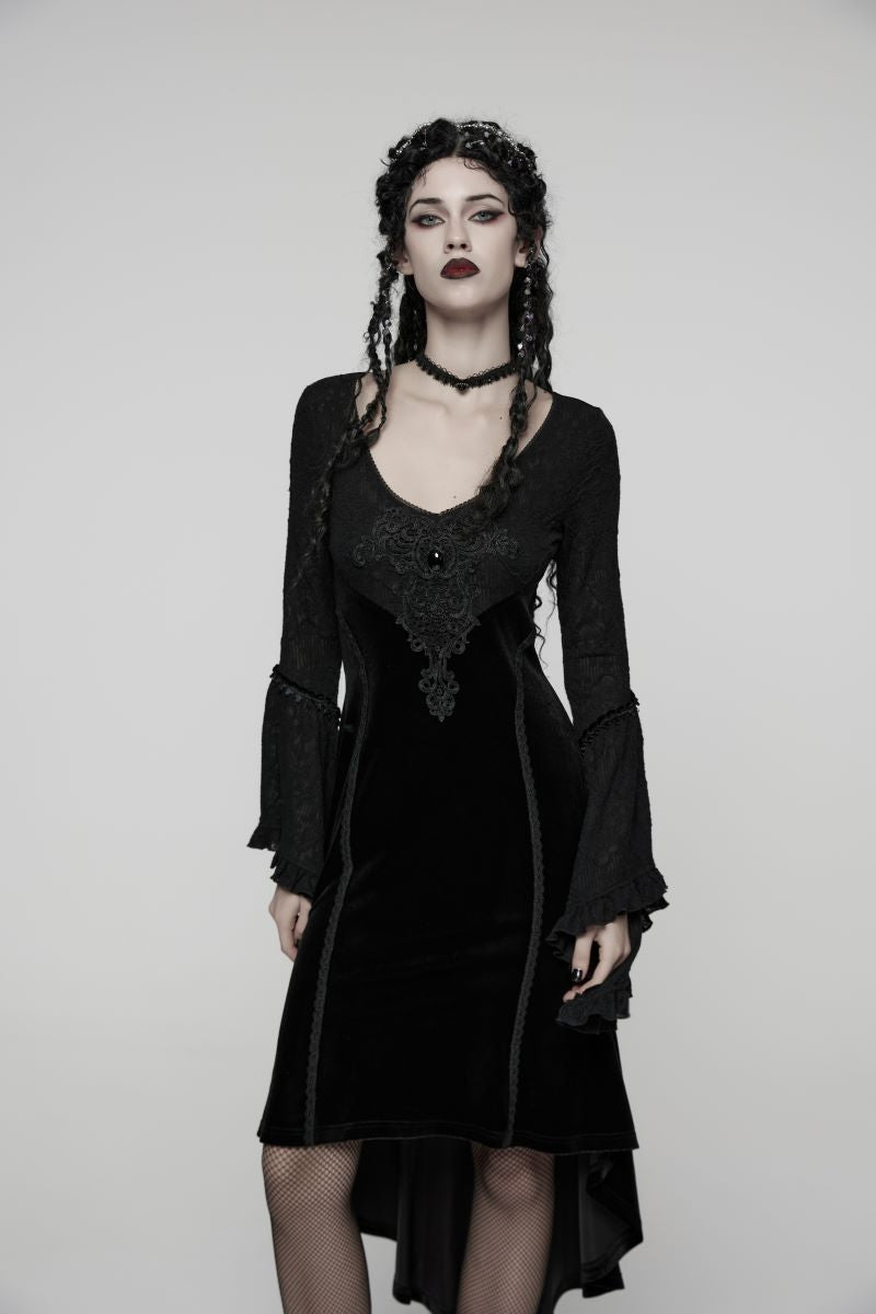 Schwarzes Langarmkleid Eclipse Queen Dress mit Spitzenelementen von Punk Rave