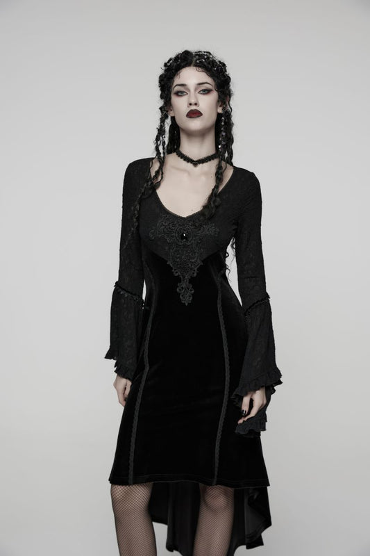 Schwarzes Langarmkleid Eclipse Queen Dress mit Spitzenelementen von Punk Rave