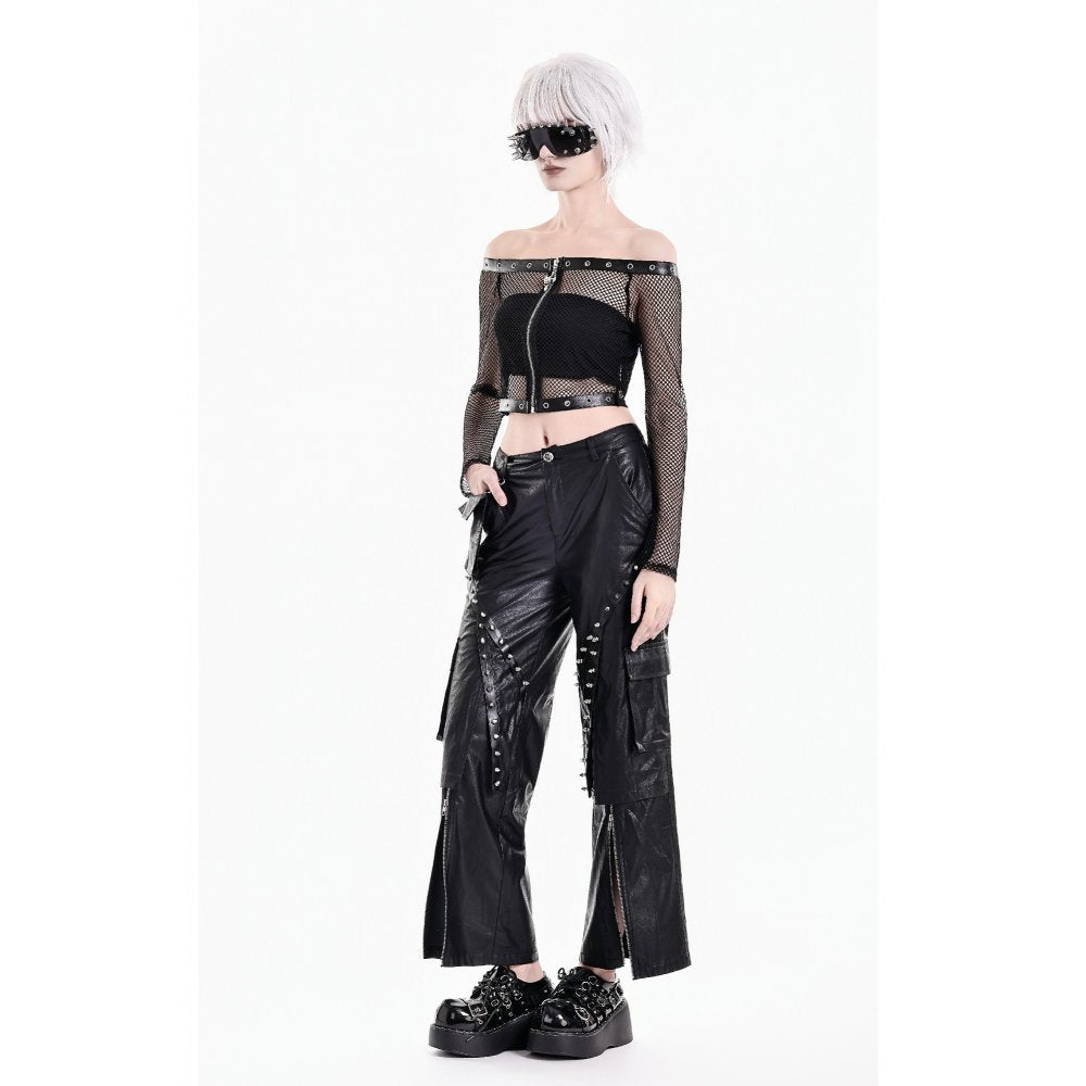 Schwarzes, schulterfreies Netzoberteil Mesh Matrix Fishnet Top mit Ösendetails und Reißverschluss von Dark In Love