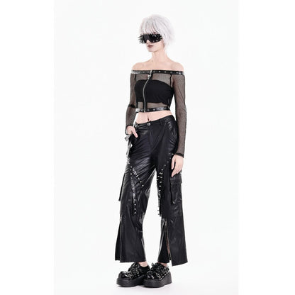 Schwarzes, schulterfreies Netzoberteil Mesh Matrix Fishnet Top mit Ösendetails und Reißverschluss von Dark In Love