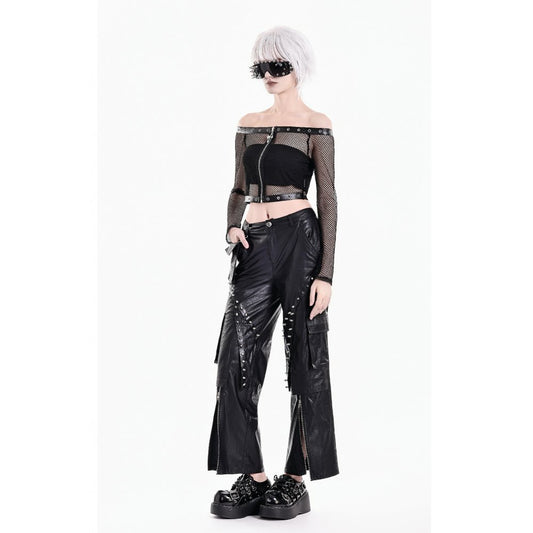 Schwarzes, schulterfreies Netzoberteil Mesh Matrix Fishnet Top mit Ösendetails und Reißverschluss von Dark In Love