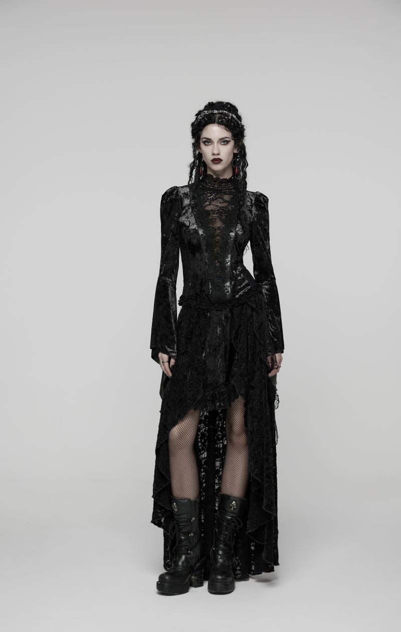 Romantischer, gotischer, schwarzer Spitzen-Lagenrock Midnight Reverie Skirt mit asymmetrischem Saum von Punk Rave