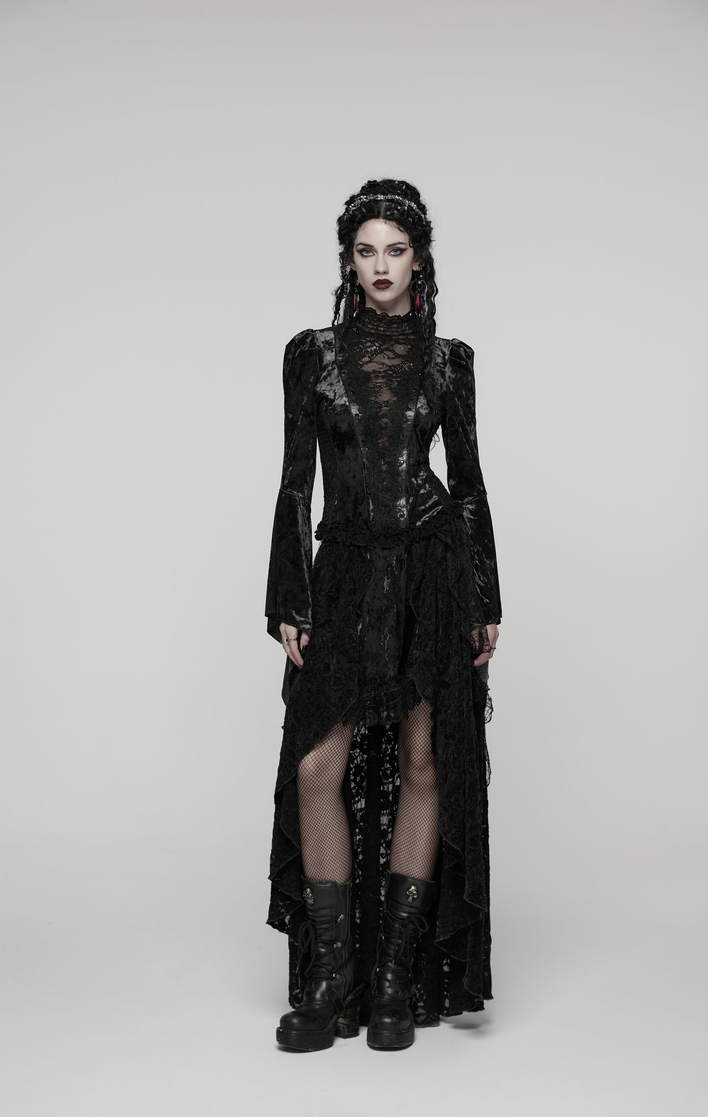 Schwarzes Langarmshirt Midnight Reverie Top Black mit Samtstoff von Punk Rave