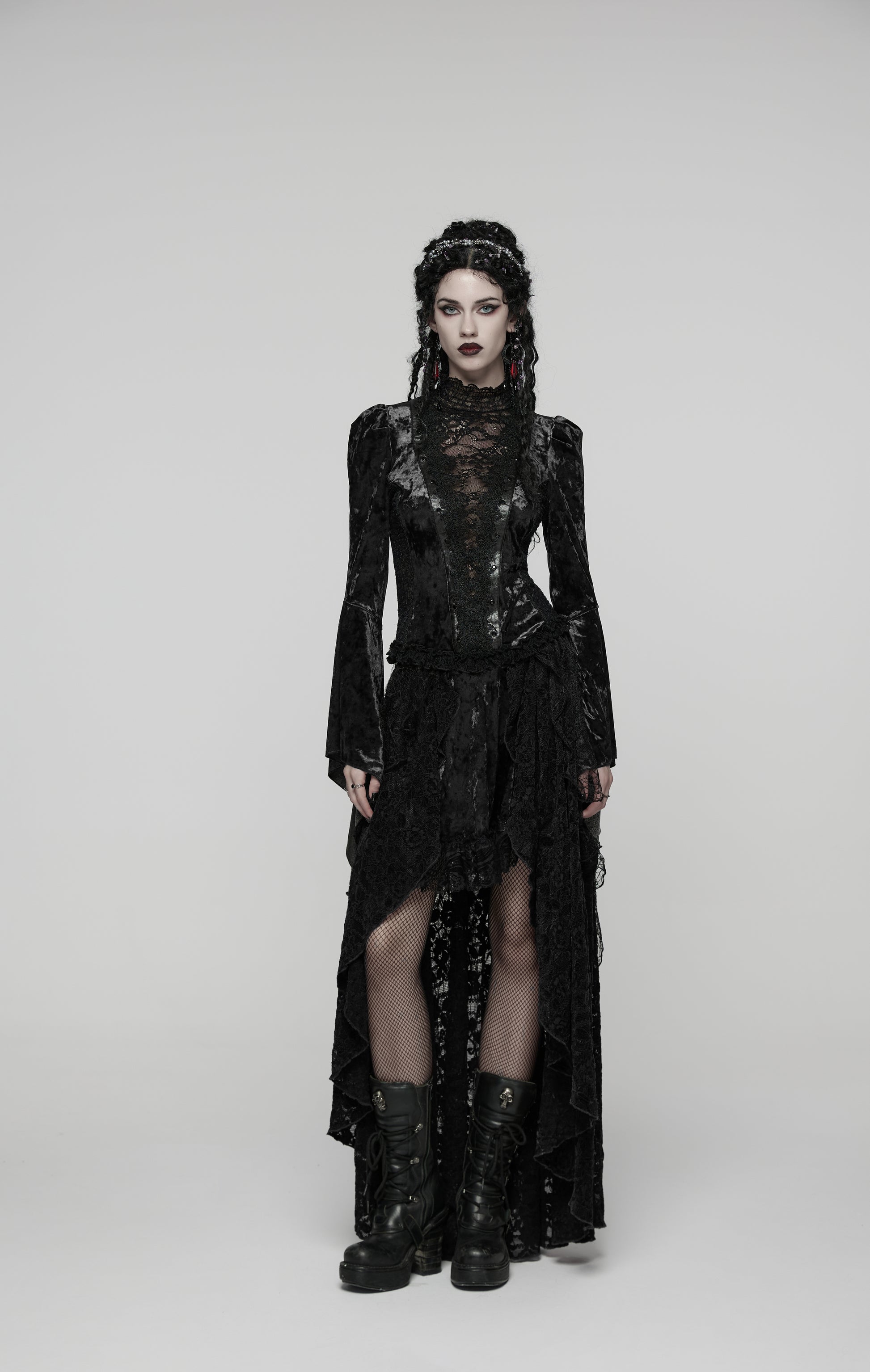 Schwarzes Langarmshirt Midnight Reverie Top Black mit Samtstoff von Punk Rave