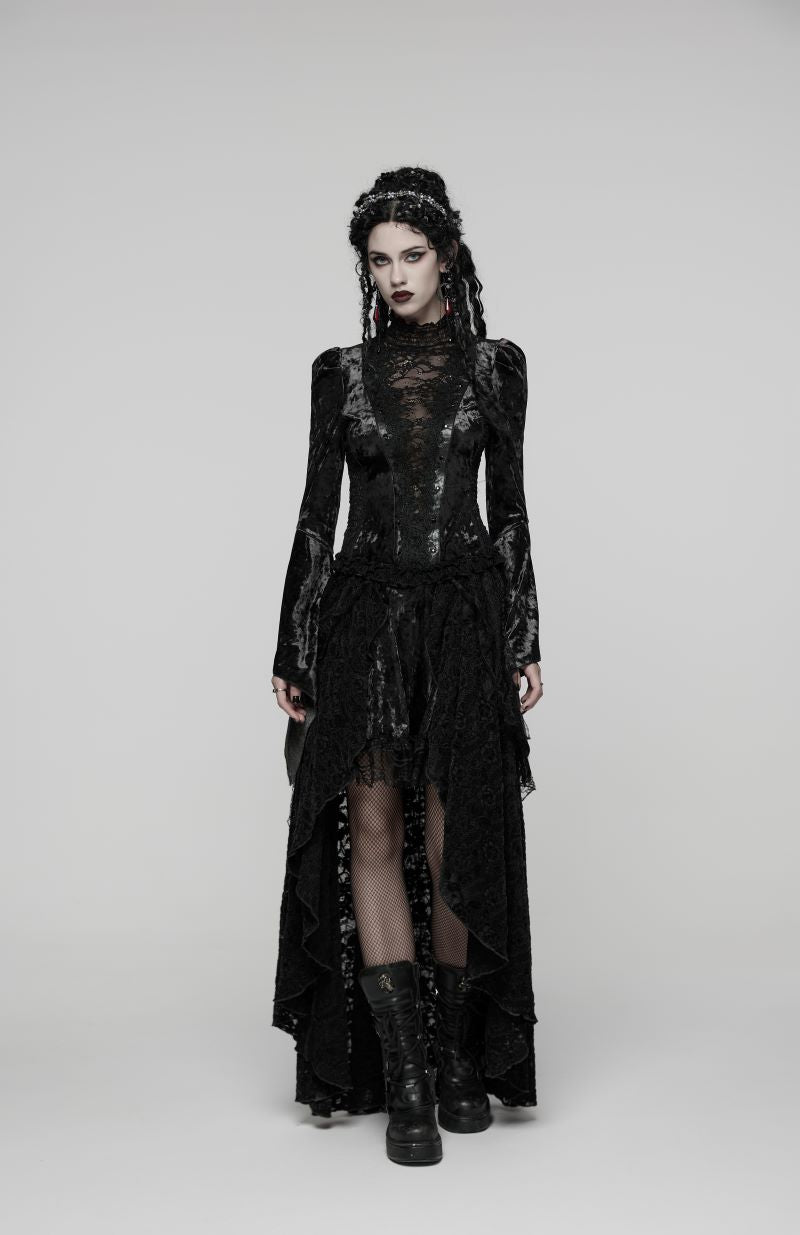 Romantischer, gotischer, schwarzer Spitzen-Lagenrock Midnight Reverie Skirt mit asymmetrischem Saum von Punk Rave