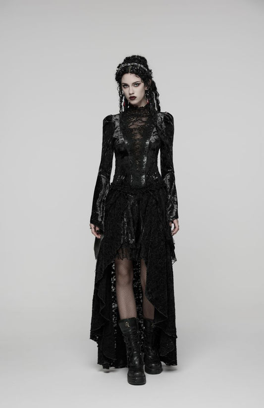 Romantischer, gotischer, schwarzer Spitzen-Lagenrock Midnight Reverie Skirt mit asymmetrischem Saum von Punk Rave