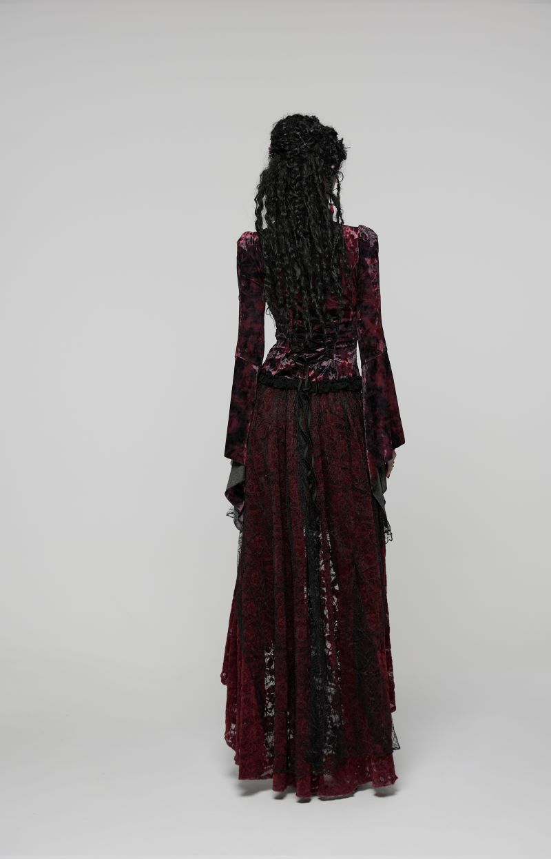 Schwarze/Rotes Langarmshirt Midnight Reverie Top&nbsp;mit Samtstoff von Punk Rave