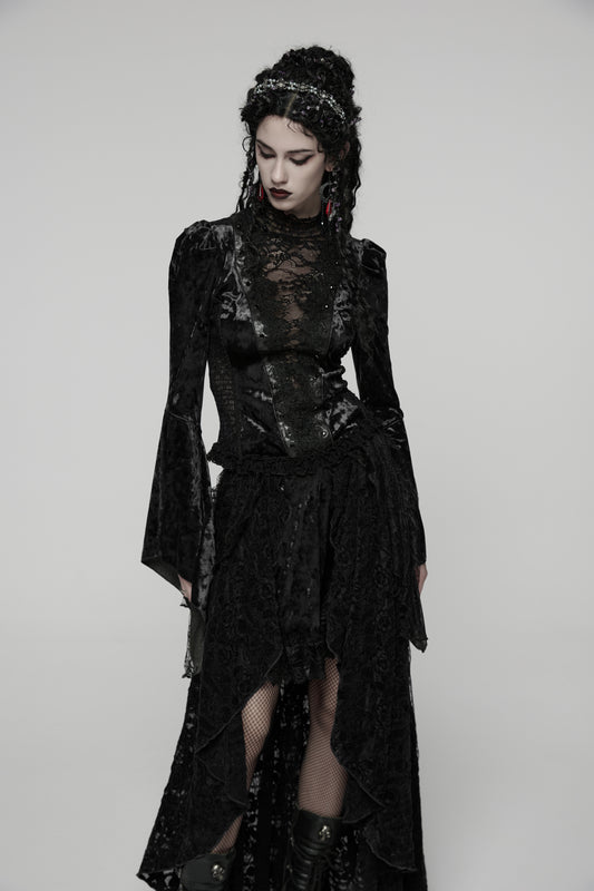 Schwarzes Langarmshirt Midnight Reverie Top Black mit Samtstoff von Punk Rave