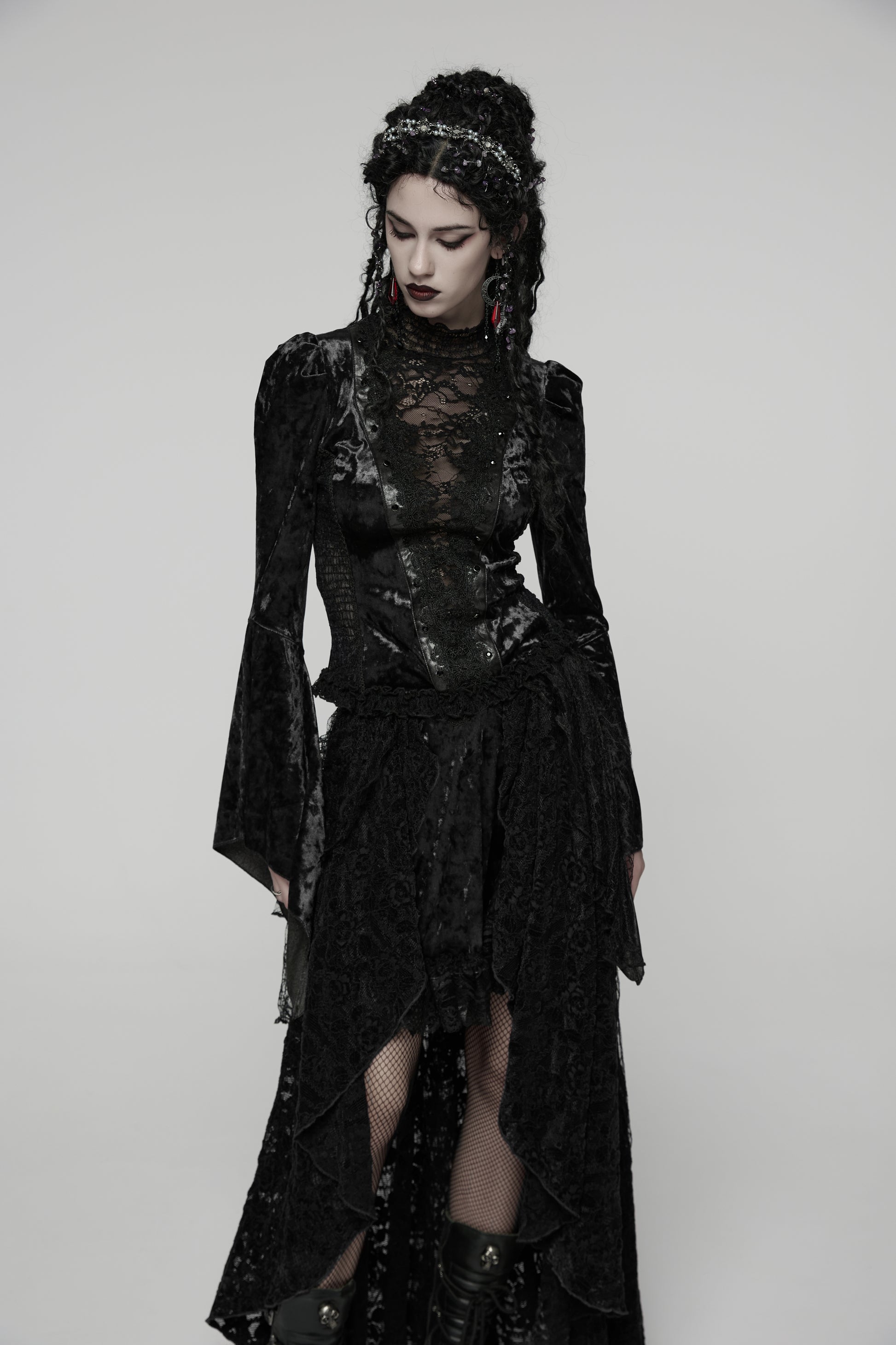 Schwarzes Langarmshirt Midnight Reverie Top Black mit Samtstoff von Punk Rave