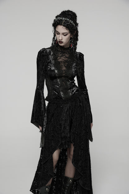 Schwarzes Langarmshirt Midnight Reverie Top Black mit Samtstoff von Punk Rave