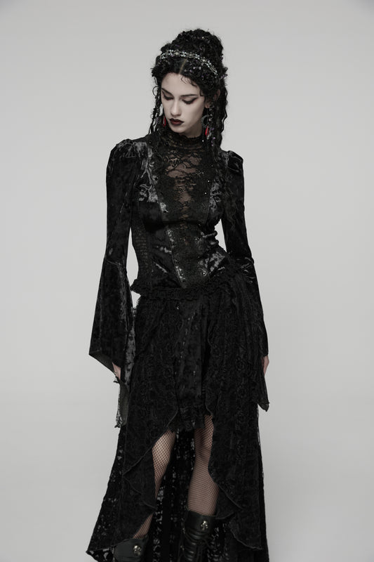 Schwarzes Langarmshirt Midnight Reverie Top Black mit Samtstoff von Punk Rave