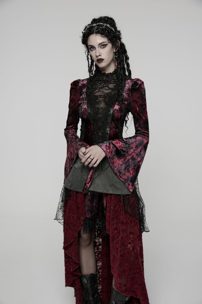 Schwarze/Rotes Langarmshirt Midnight Reverie Top&nbsp;mit Samtstoff von Punk Rave